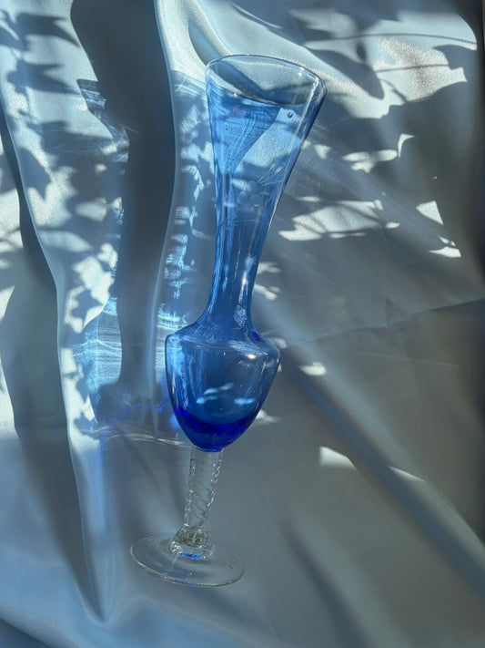 深鈷藍葡萄藤蝕刻玻璃花器｜透明扭紋高腳
