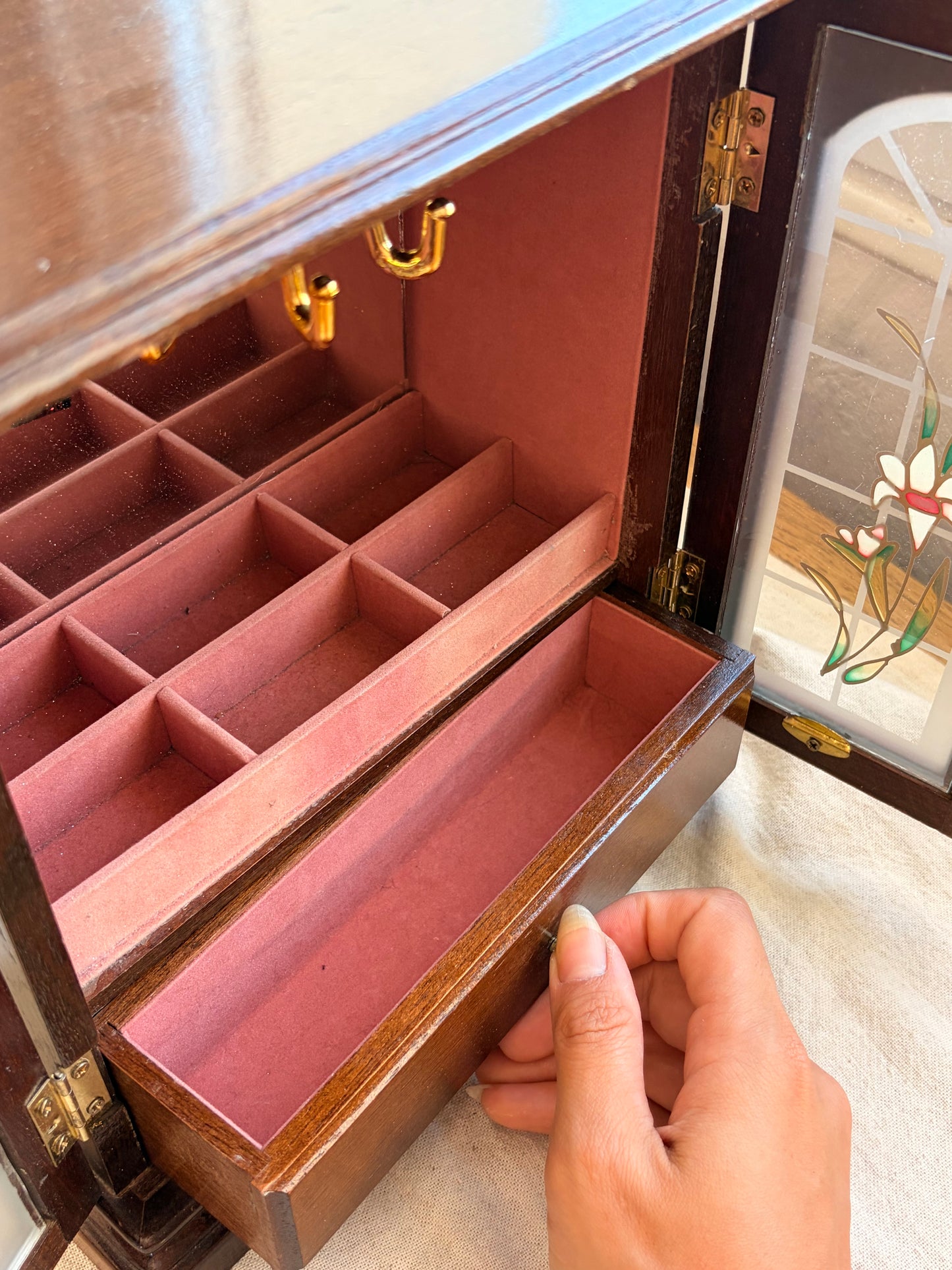 木製古董櫃造型彩繪玻璃門片珠寶盒