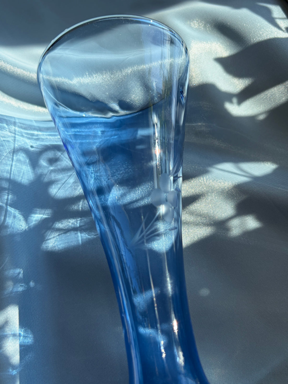 深鈷藍葡萄藤蝕刻玻璃花器｜透明扭紋高腳